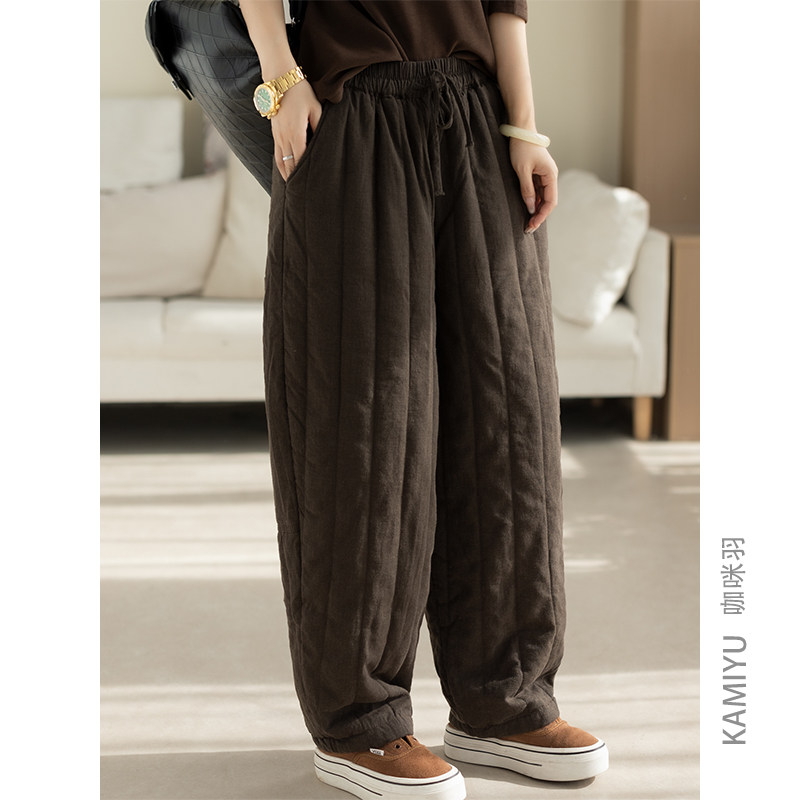 咖咪羽棉裤女秋冬新款文艺直筒宽松休闲女士百搭通勤女装麻裤厚