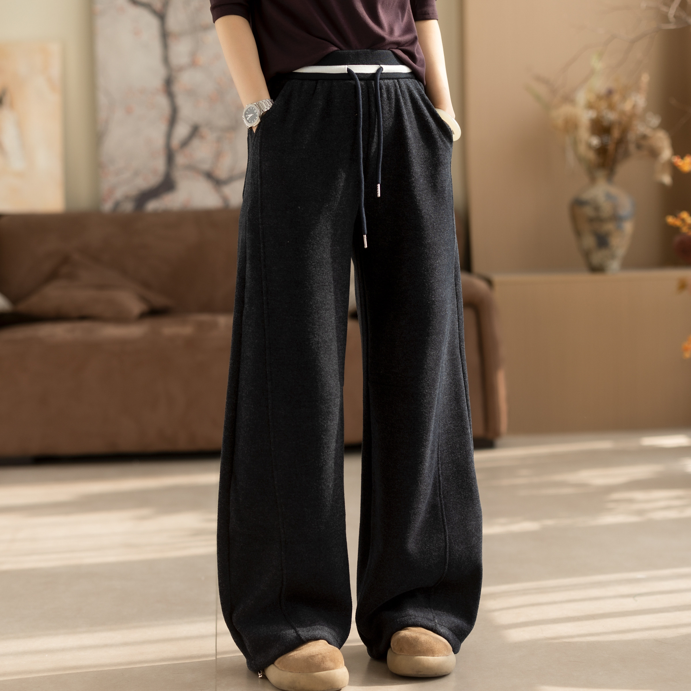 咖咪羽休闲裤女冬季新款直筒宽松加绒复古流行女士百搭女装哈伦裤
