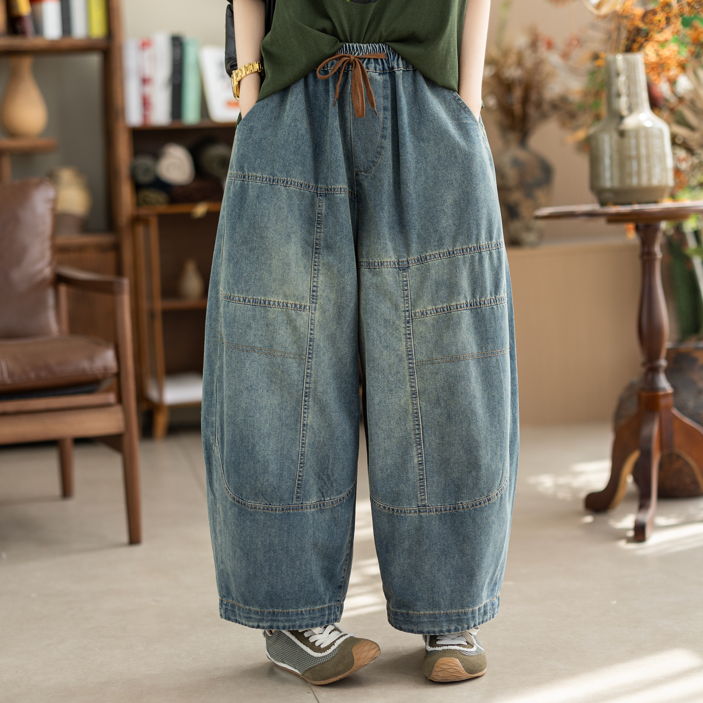 咖咪羽春夏新款做旧蓝色拼接牛仔裤女松紧腰宽松休闲阔腿哈伦裤