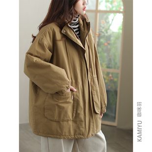 咖咪羽棉服女冬季新款中长款连帽宽松拼接百搭夹棉工装女款风衣