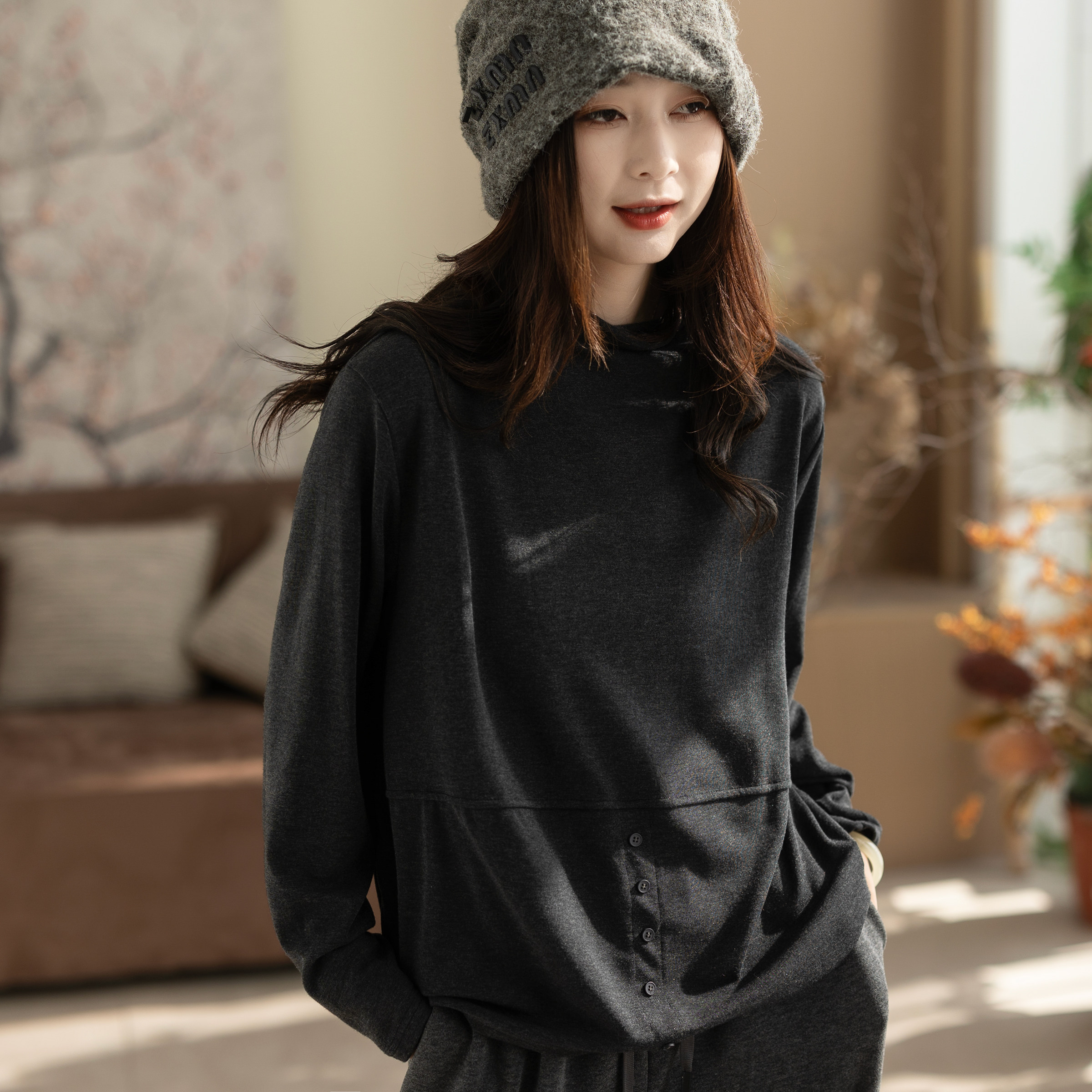 咖咪羽打底衫女秋冬新款高领文艺休闲女士复古宽松纯色女装上衣