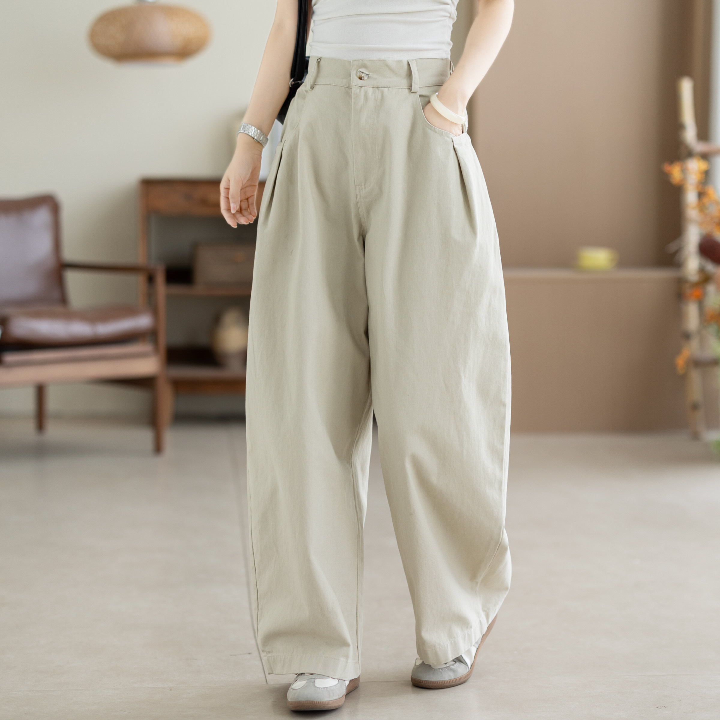 咖咪羽全棉休闲裤女夏季新款复古直筒百搭高腰显瘦女装镰刀裤子