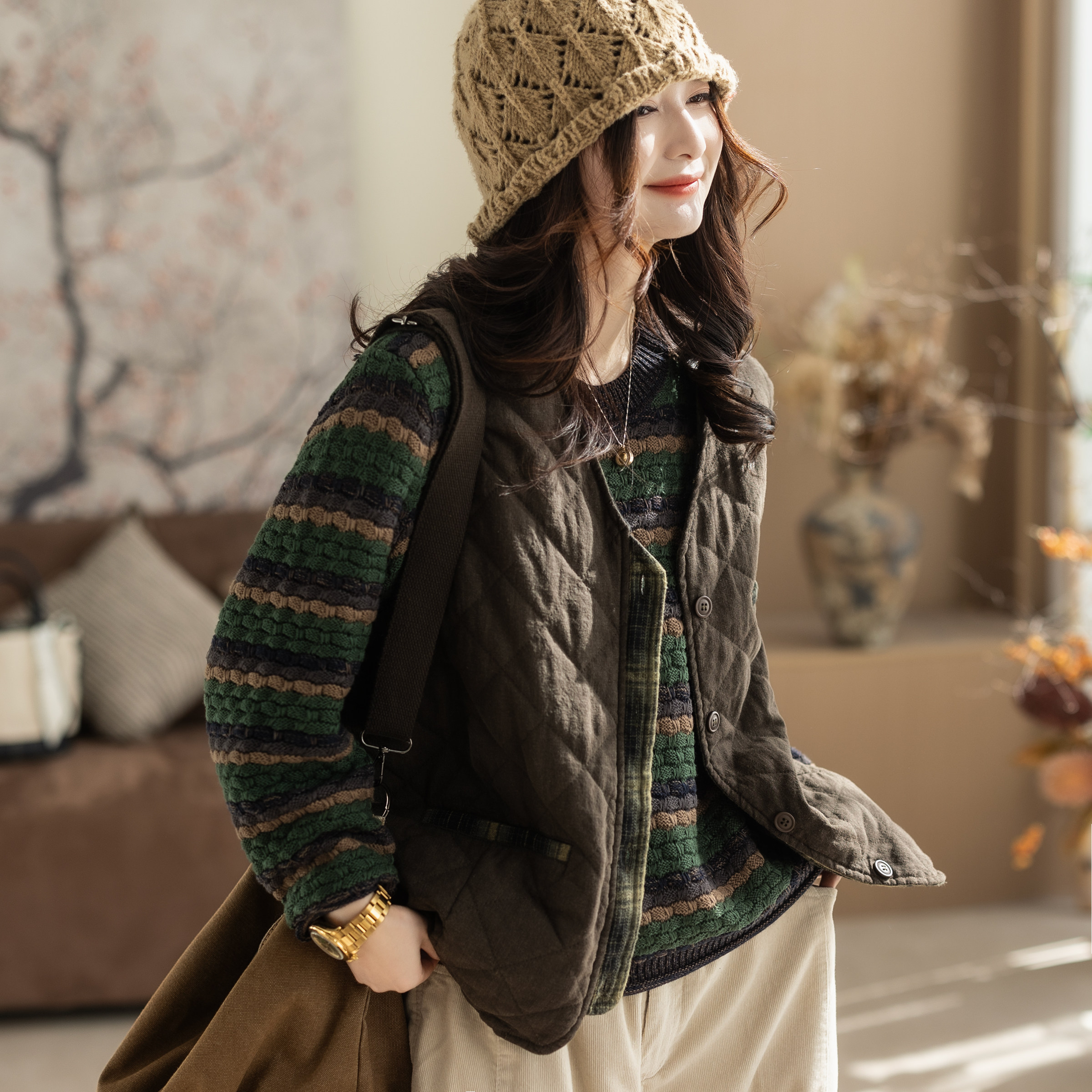 咖咪羽秋冬新款复古砂洗麻夹棉内里色织格纹马夹外套坎肩女