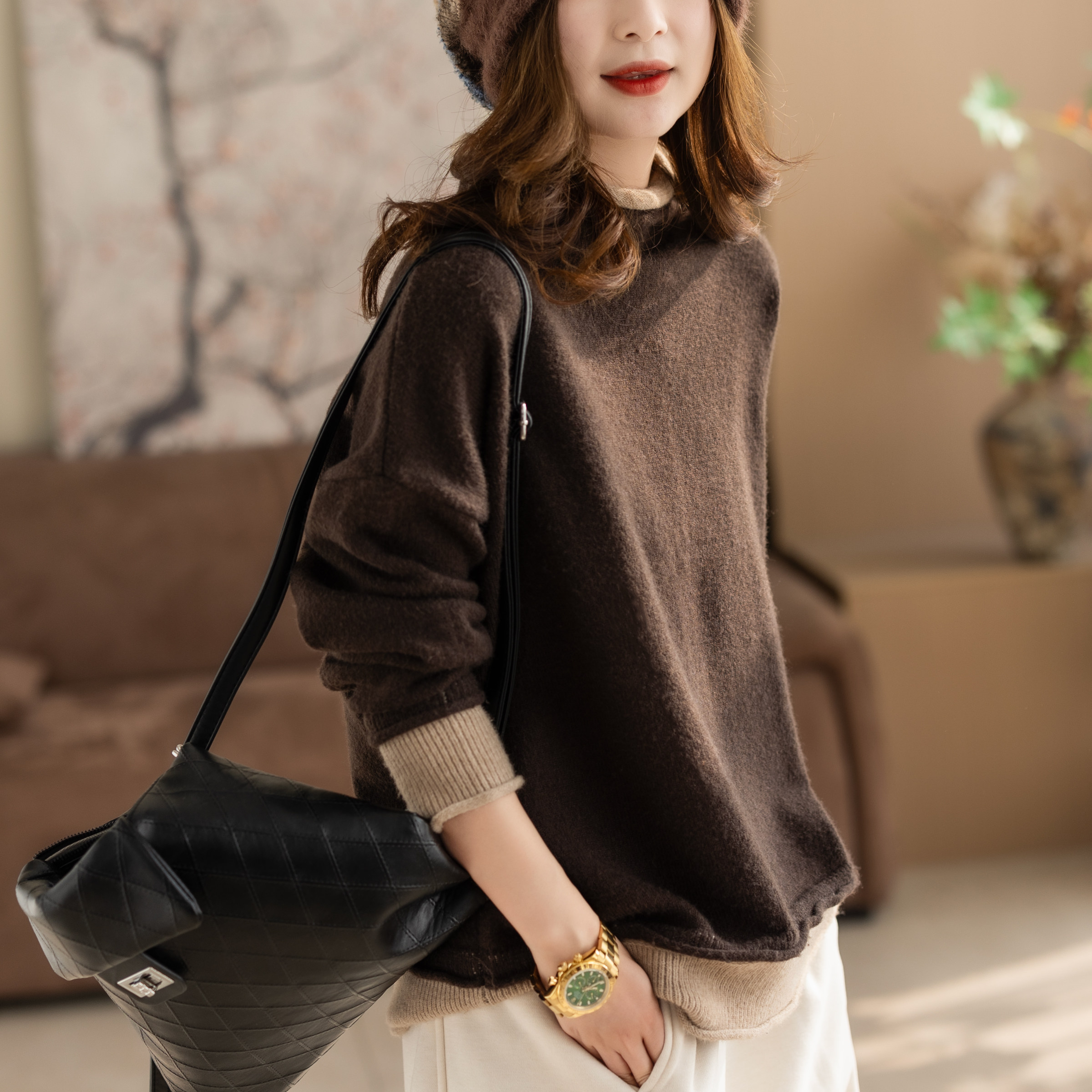 咖咪羽假两件落肩袖针织半高领卷边加厚毛衣新款圆领女士流行上衣