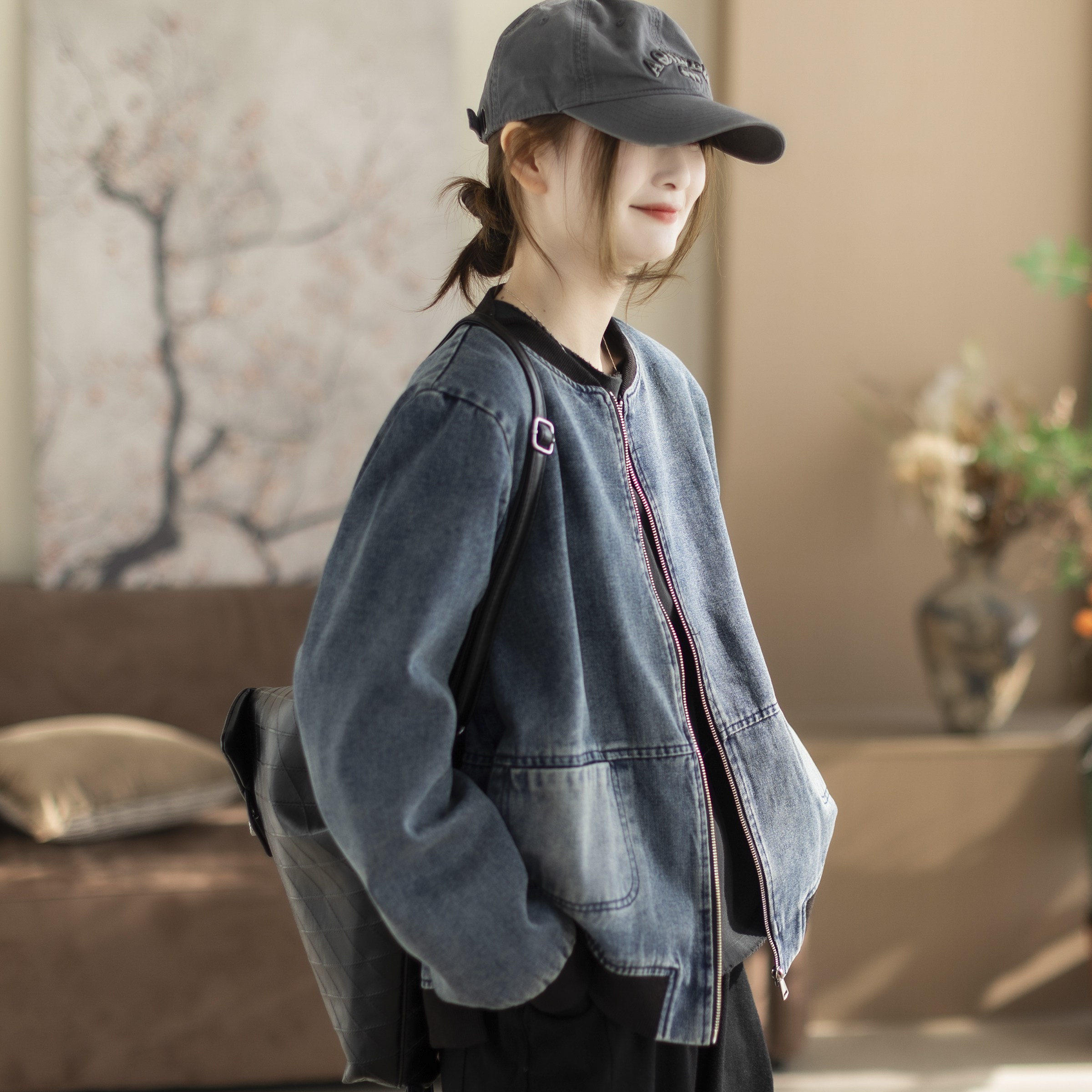 咖咪羽牛仔外套女新款女士蓝色流行好看百搭复古拼接宽松女装上衣