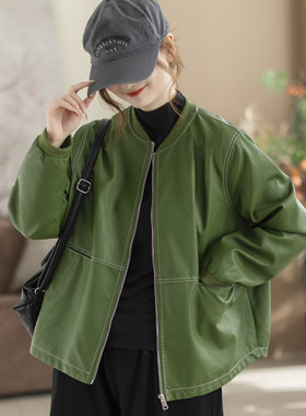 咖咪羽皮夹克女春秋新款女士圆领流行通勤纯色简约女装皮衣