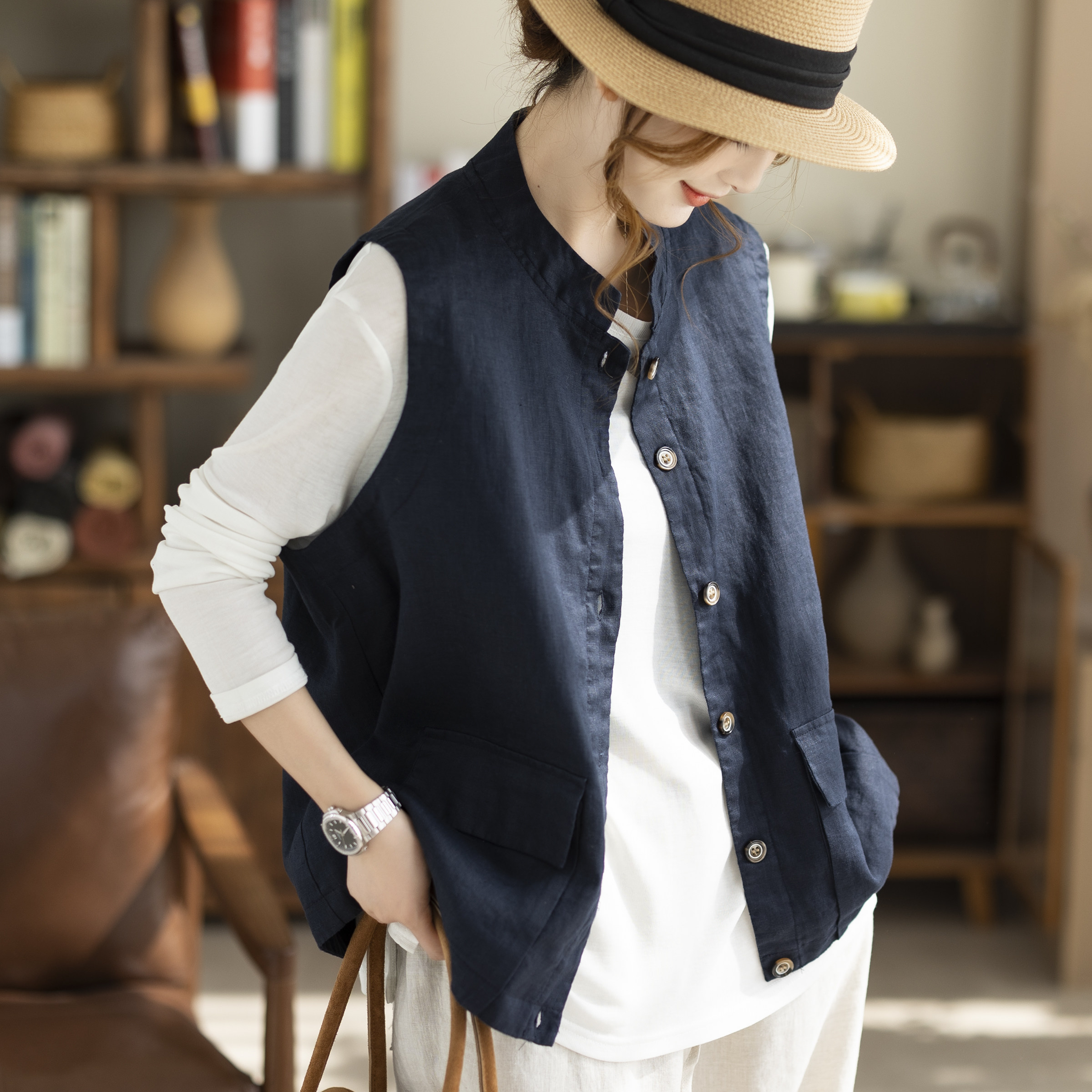 咖咪羽纯亚麻立领马甲复古工装风宽松短款坎肩双口袋休闲百搭外套