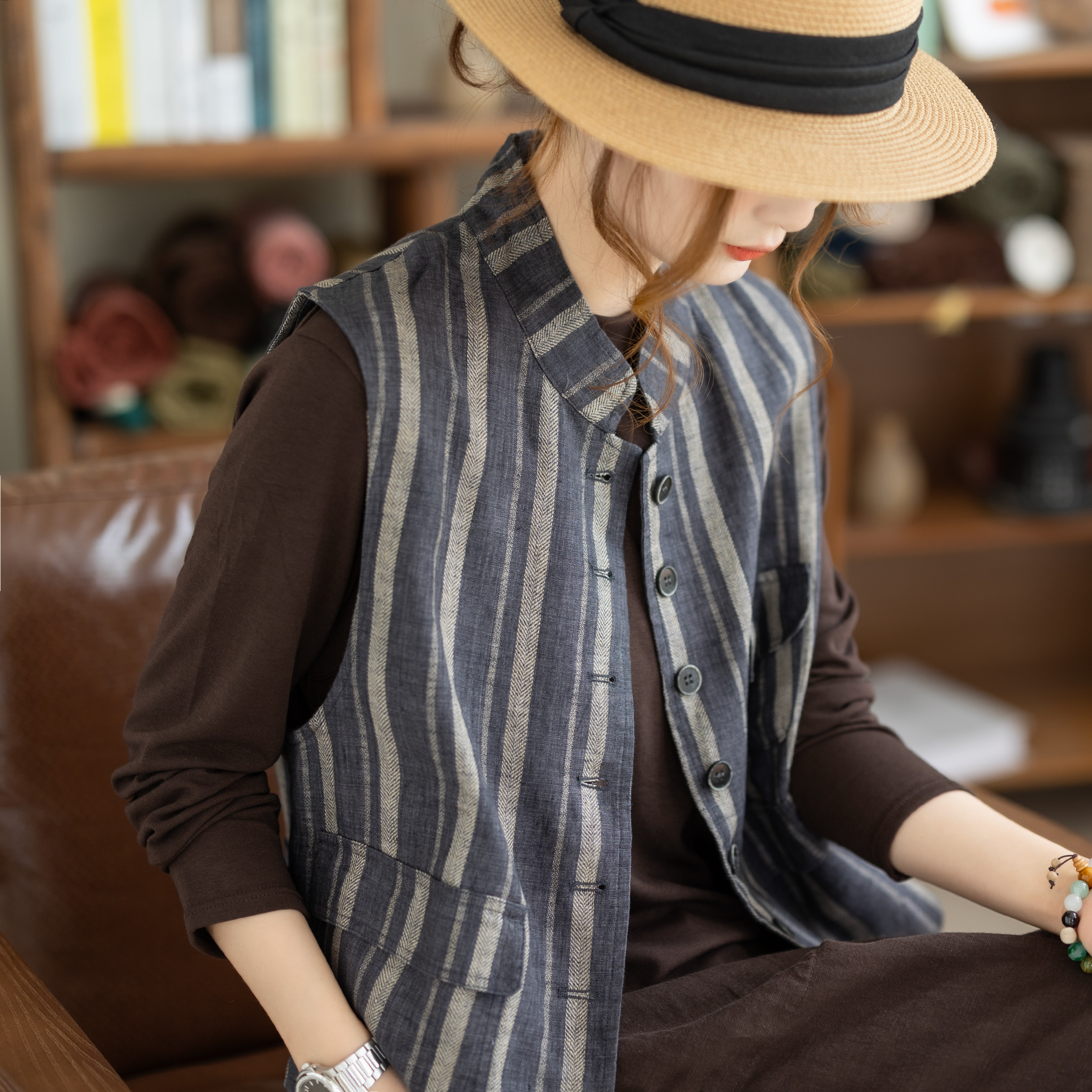 咖咪羽100%亚麻新款马甲女春季休闲条纹无袖坎肩女士百搭女装马夹