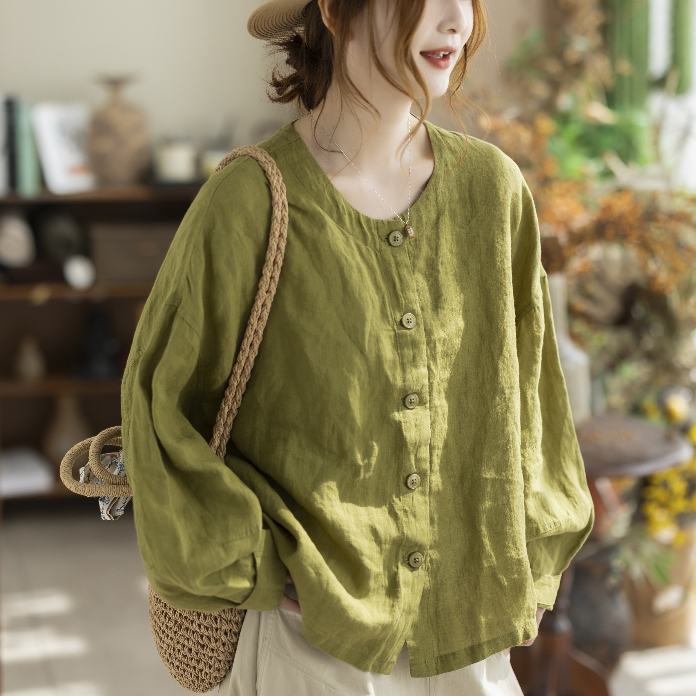 咖咪羽100%亚麻衬衫女宽松盘扣上衣春秋款文艺复古民族女装风茶服