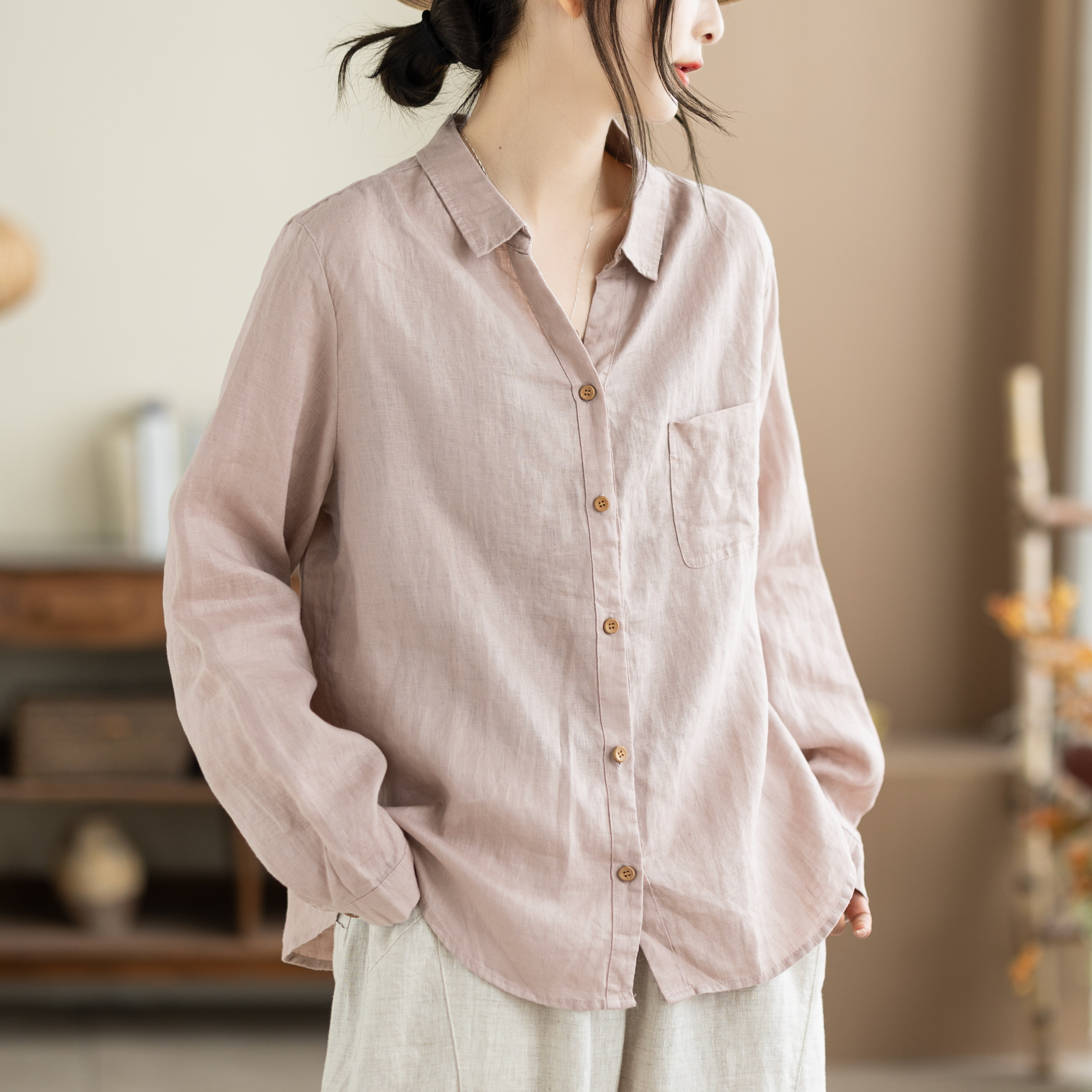 咖咪羽100%亚麻2026秋款长袖衬衫女显瘦百搭气质显白休闲女装上衣