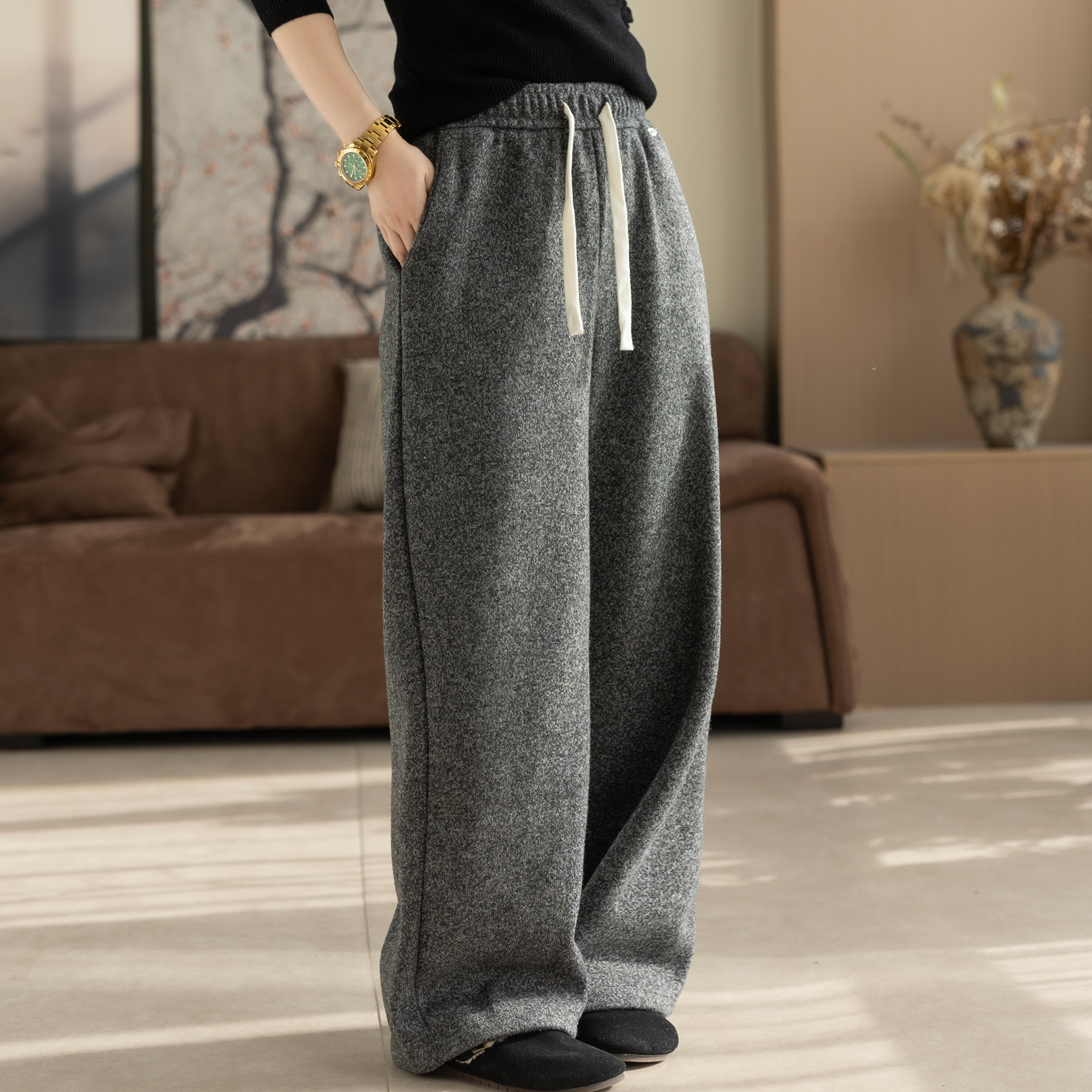 咖咪羽休闲裤女冬装新款加绒直筒女士文艺复古羊毛自然腰女装裤子