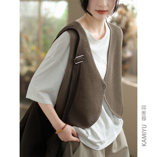 咖咪羽针织马甲女春季新款5%麻文艺女士坎肩休闲纯色女装上衣马夹