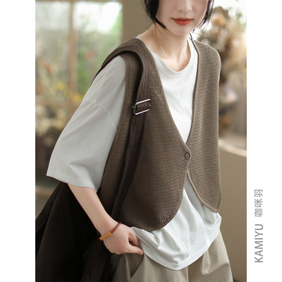 咖咪羽针织马甲女春季新款5%麻文艺女士坎肩休闲纯色女装上衣马夹