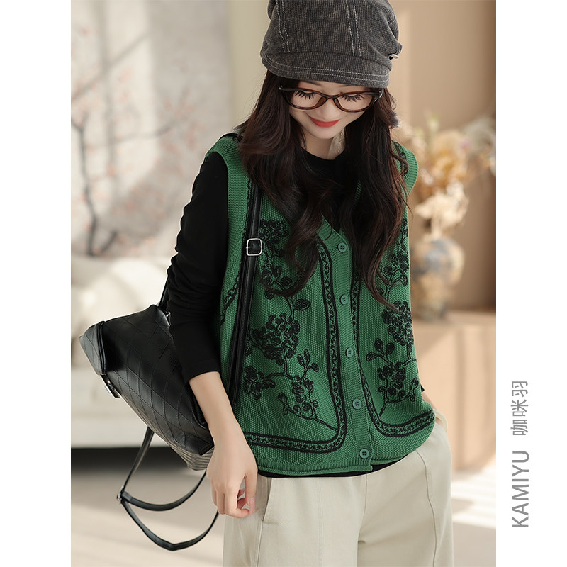 咖咪羽马甲女秋季新款无袖V领纯色女士棉线百搭刺绣复古女装上衣