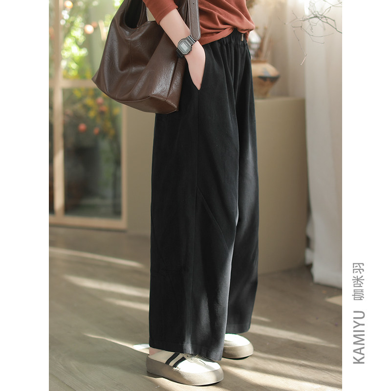 咖咪羽 优雅舒适 全棉文艺松紧腰简约时尚百搭显瘦气质女装休闲裤