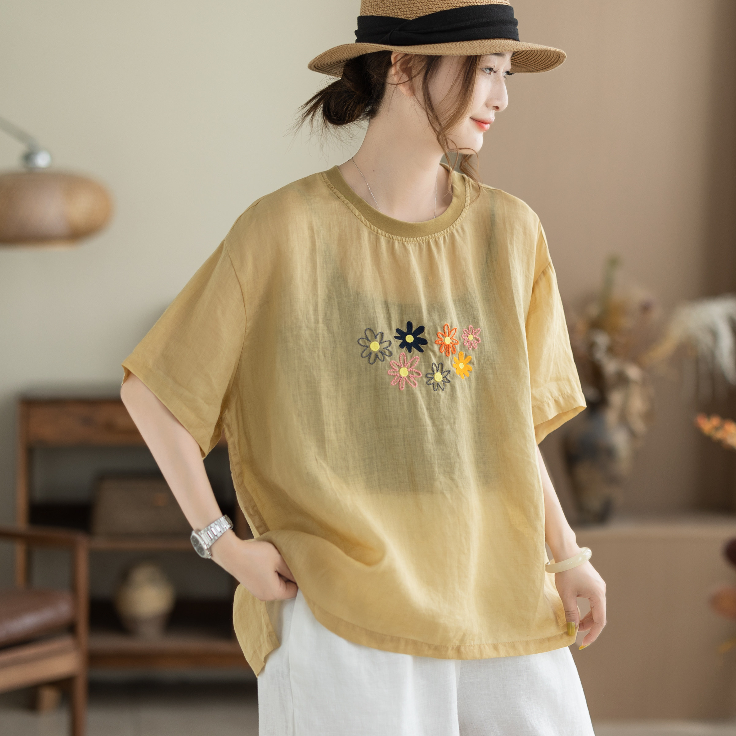 咖咪羽100%苎麻衬衫女夏季新款刺绣宽松短袖棉麻女装上衣 T恤女