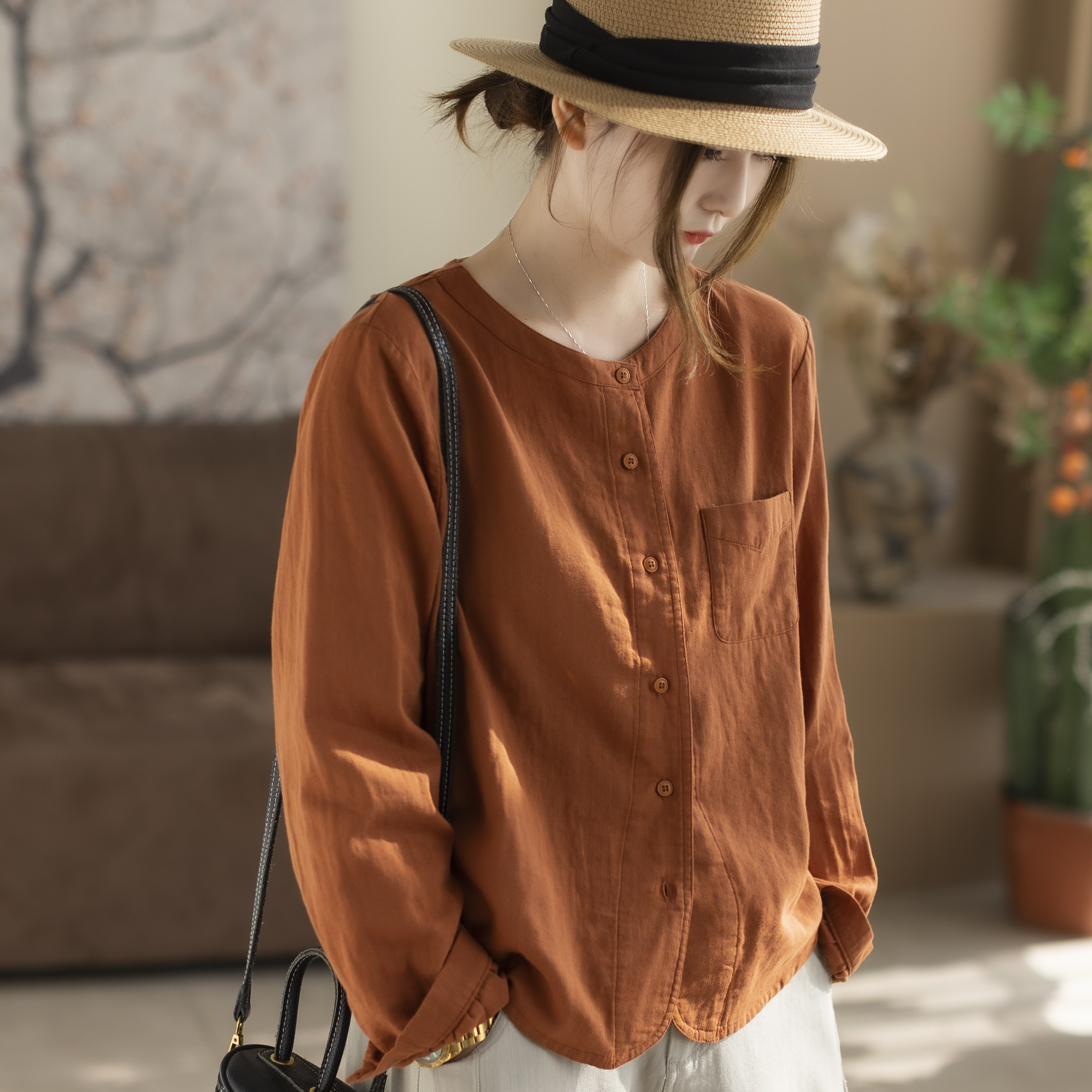 咖咪羽衬衫女春秋新款棉质女士圆领长袖流行文艺休闲女装上衣开衫