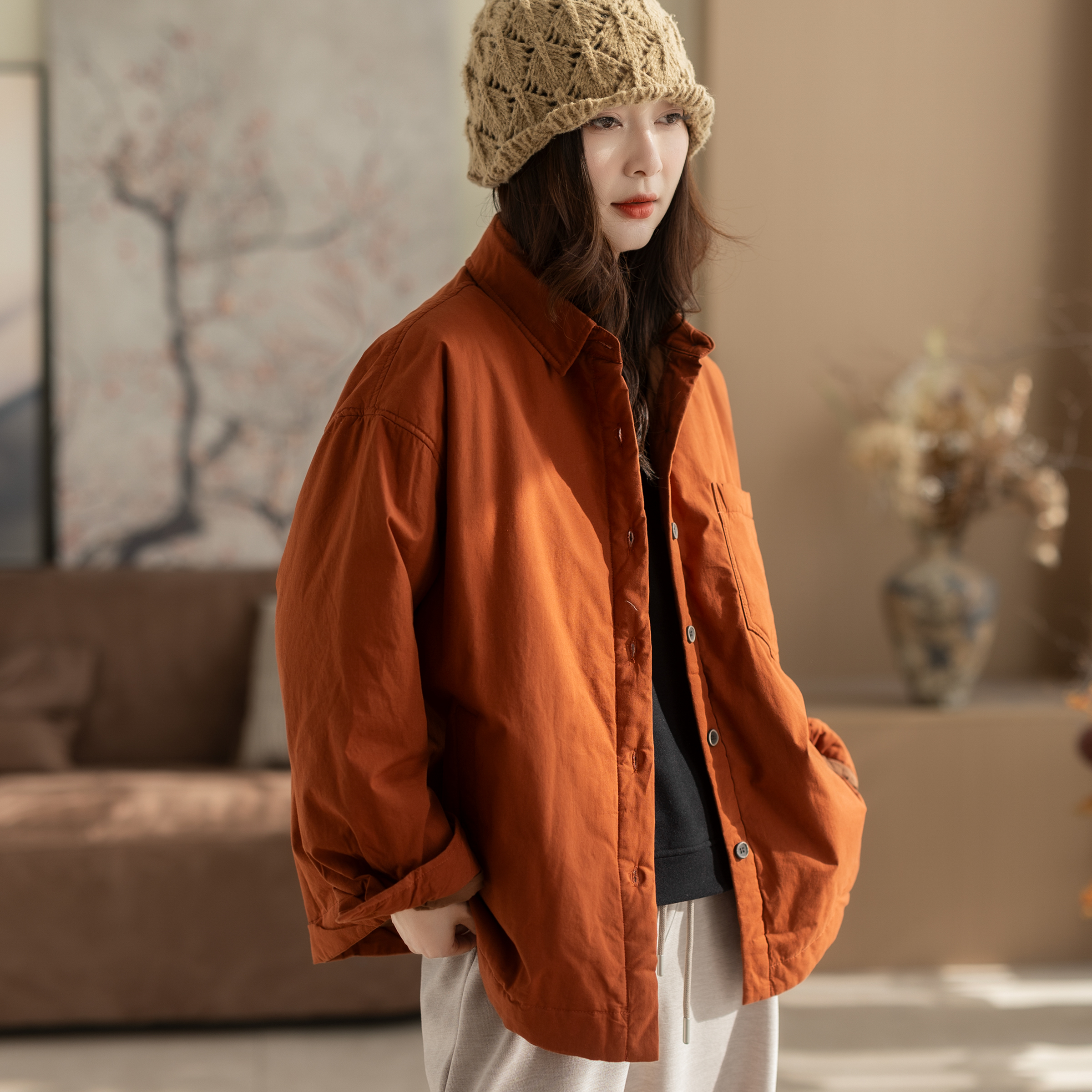 咖咪羽冬季外套2025新款女装衬衫款夹棉上衣宽松气质显瘦棉服