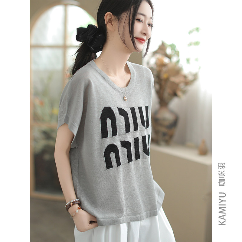 咖咪羽短袖女夏季新款时尚灰色休闲字母百搭圆领宽松拼接女装T恤