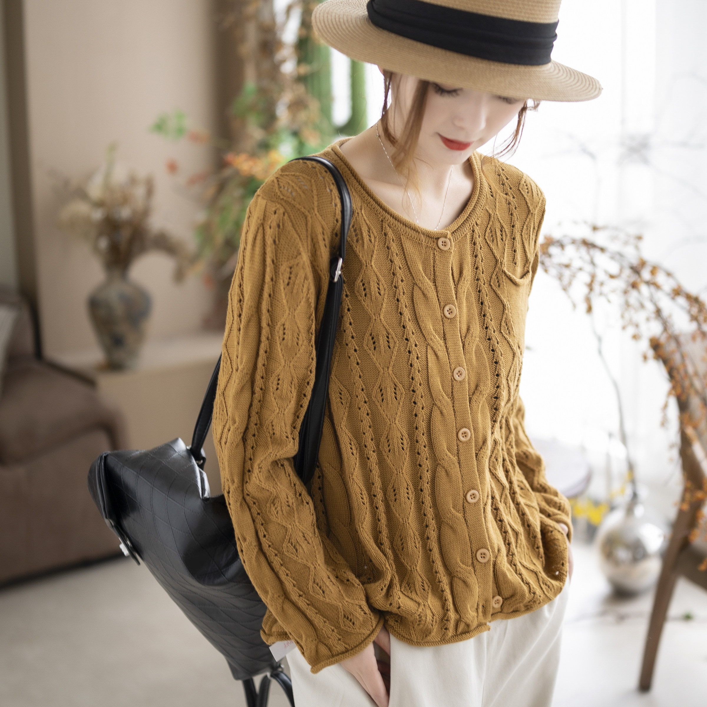 咖咪羽春季新款纯色女装提花针织开衫长袖毛衣外套百搭上衣