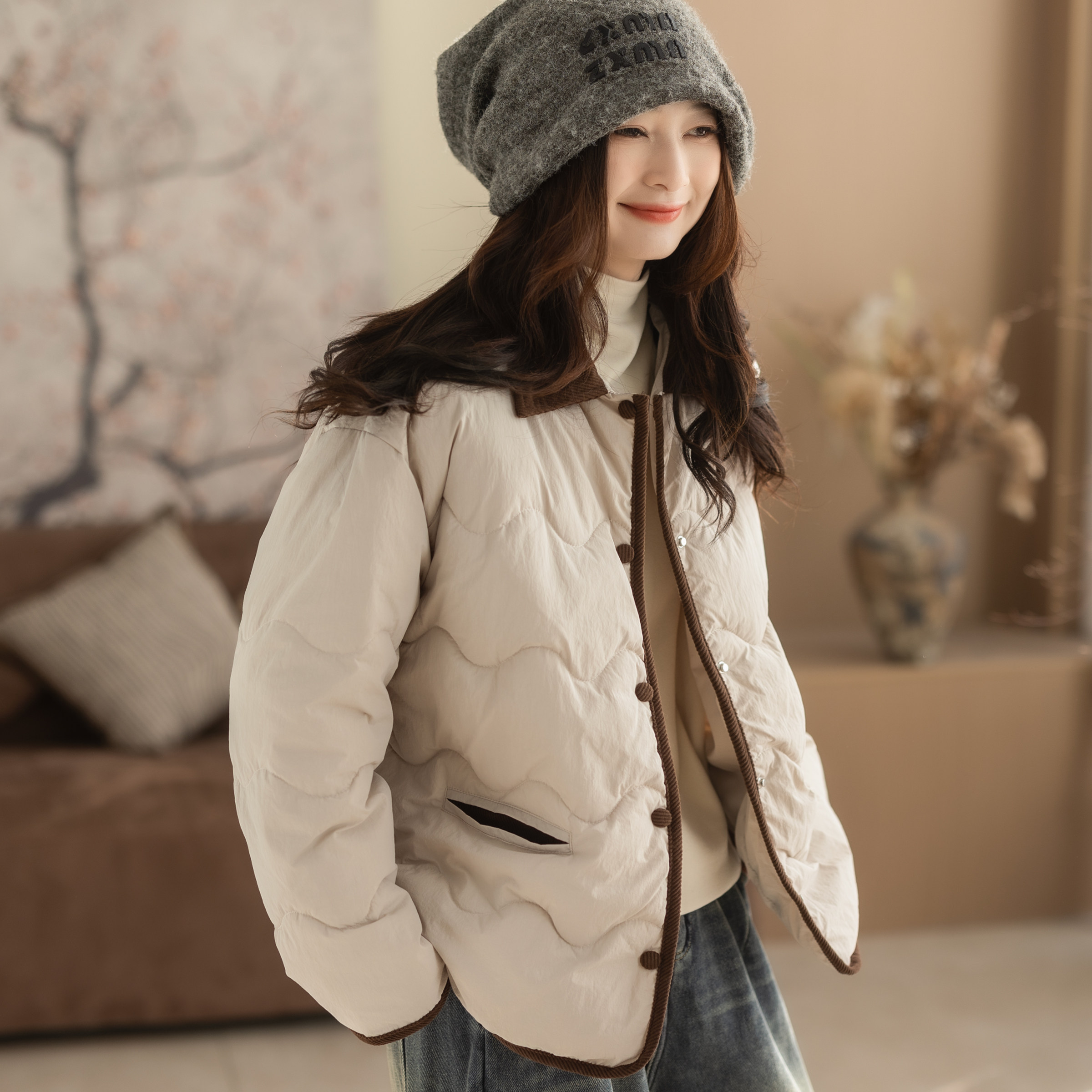 咖咪羽棉服女秋冬新款文艺休闲女士宽松流行通勤保暖女装上衣棉袄