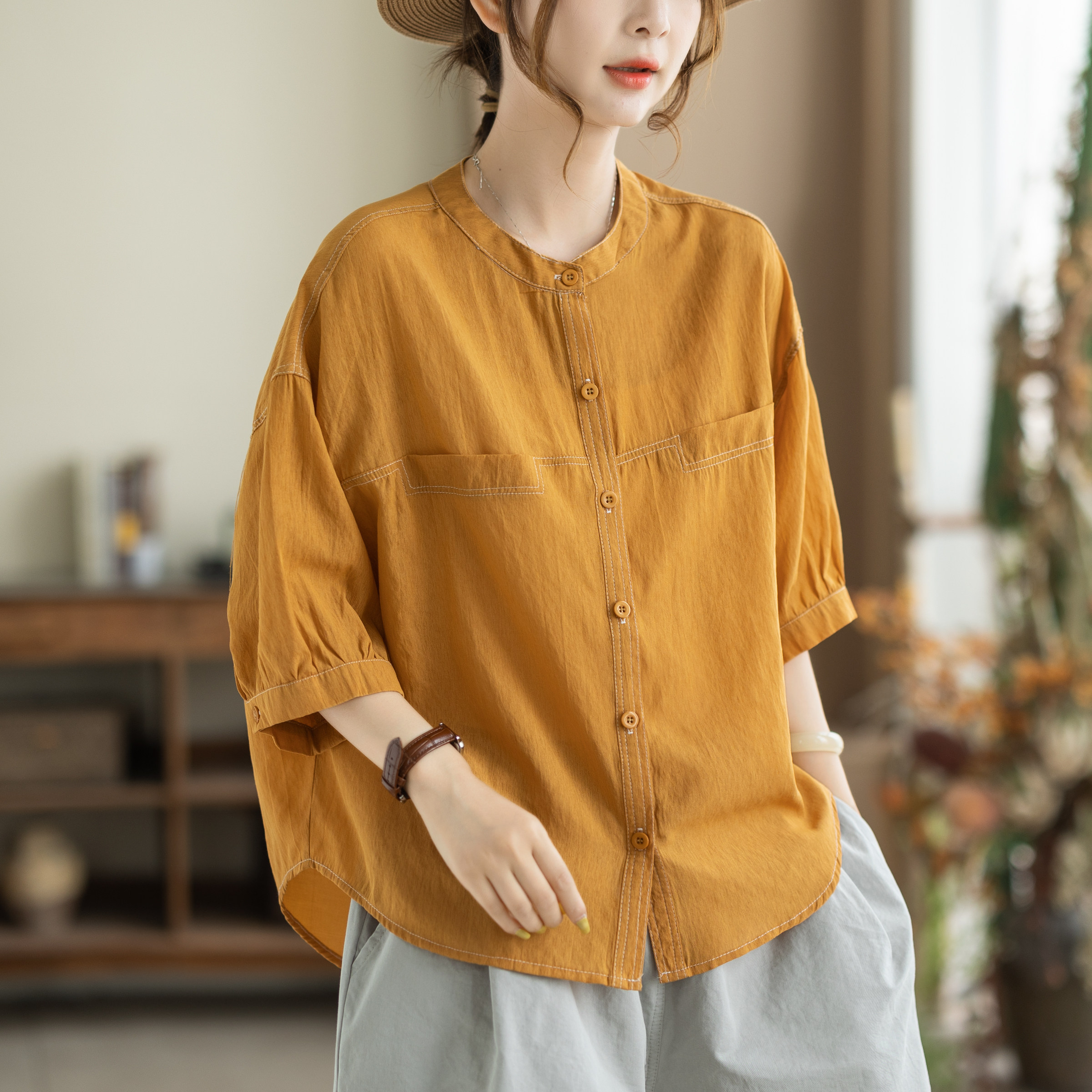 咖咪羽天丝苎麻衬衫女夏季新款流行漂亮宽松纯属休闲女装短袖上衣