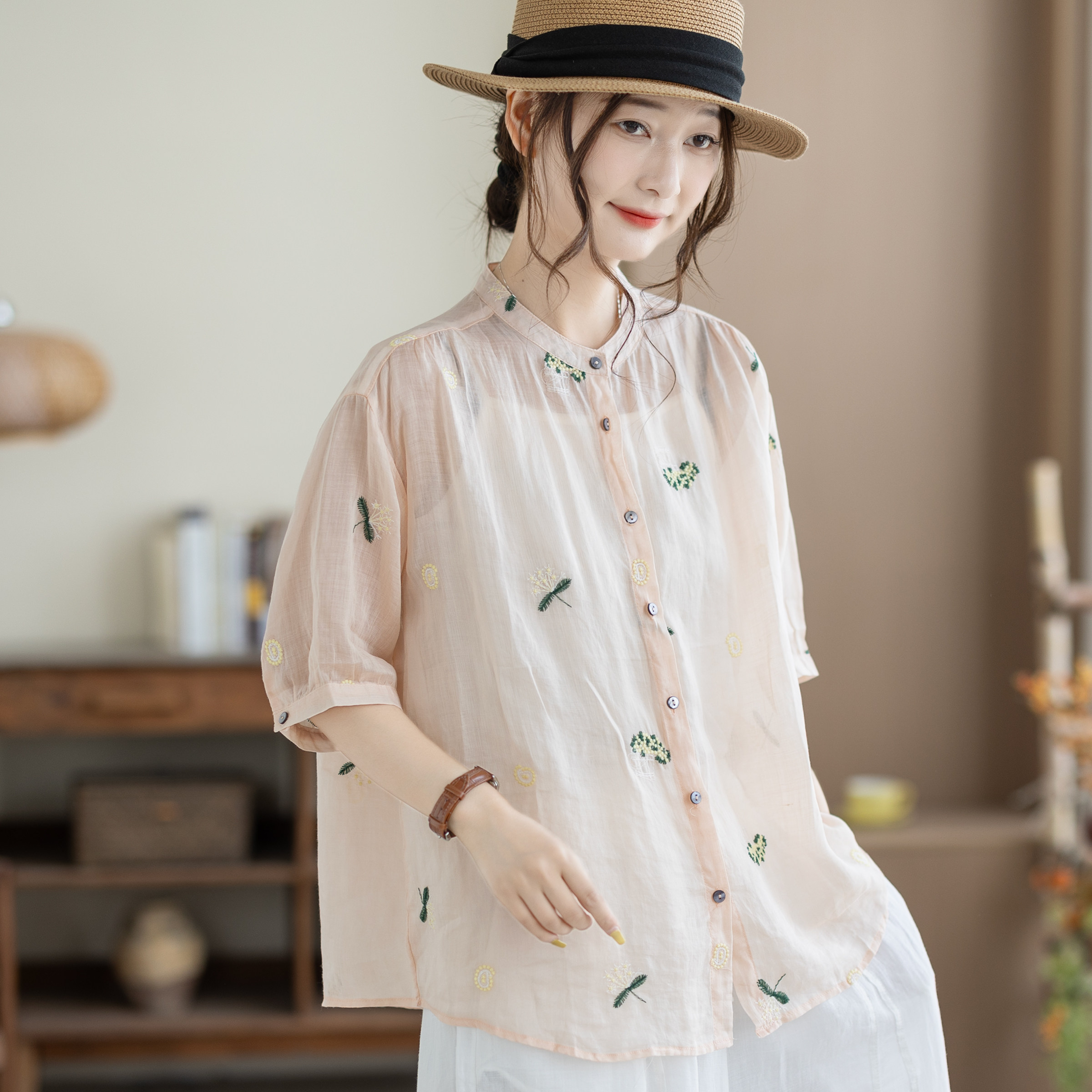 咖咪羽100%苎麻衬衫女夏季新款女士轻薄宽松大码时尚女装短袖上衣