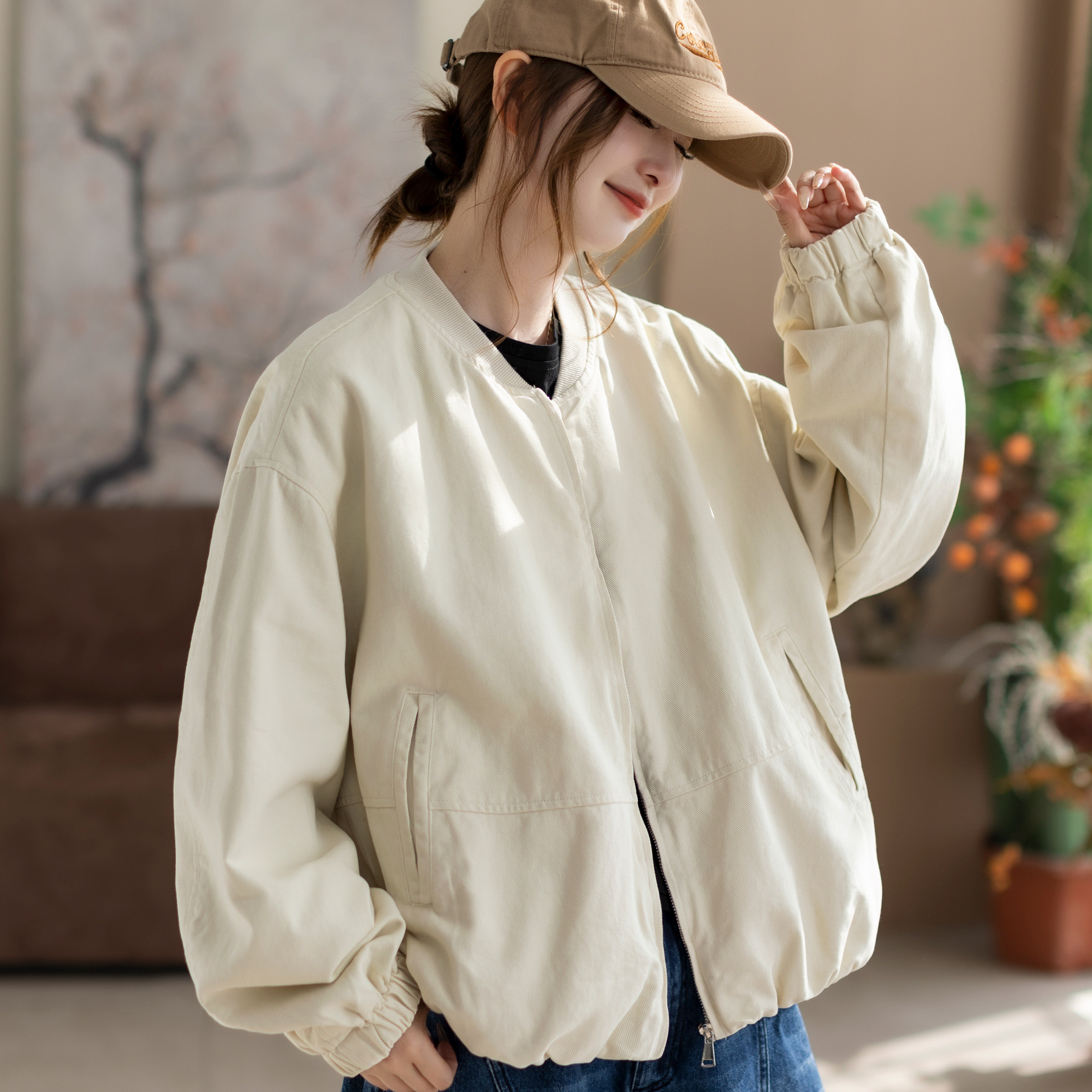 咖咪羽外套女春秋新款圆领女士宽松纯色通勤百搭气质流行女装上衣