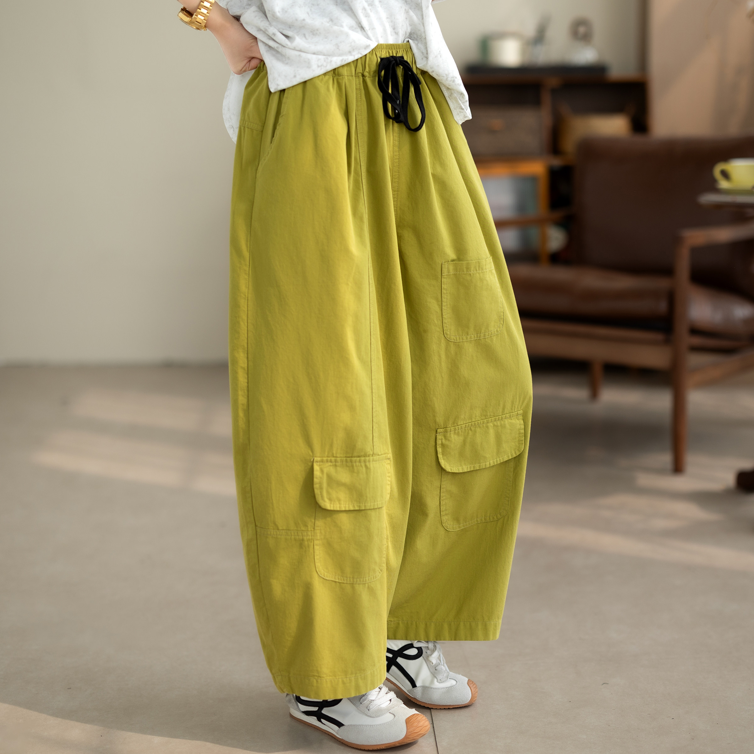 咖咪羽全棉复古文艺灯笼裤女夏季宽松显瘦抽绳休闲阔腿女装老爹裤