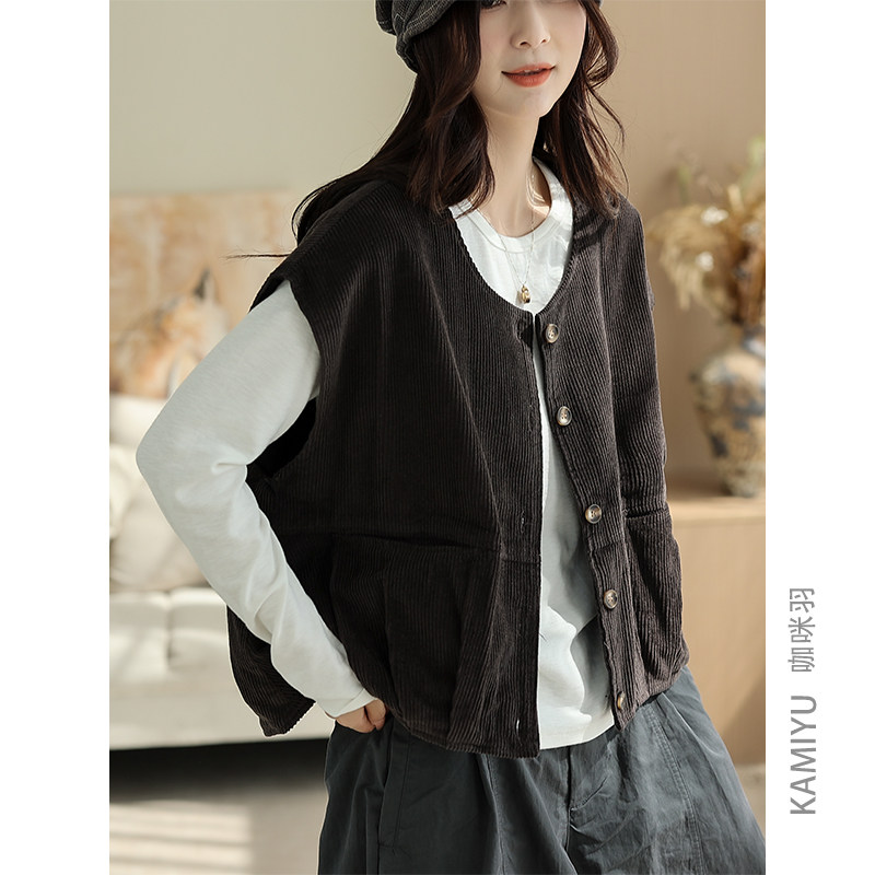 咖咪羽100%棉灯芯绒马甲女复古无袖女士坎肩拼接百搭女装马夹外套