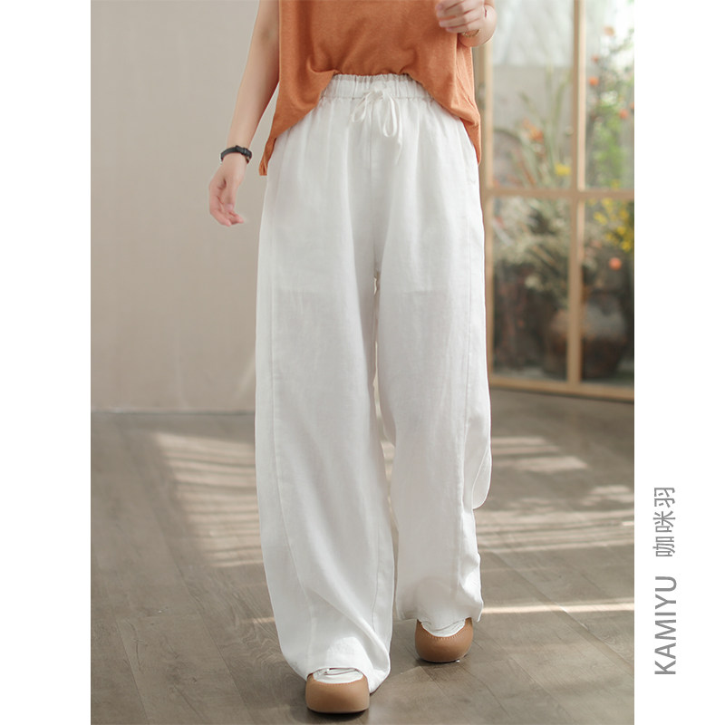 咖咪羽100%亚麻休闲裤女时尚新款高腰直筒宽松百搭复古时尚裤子