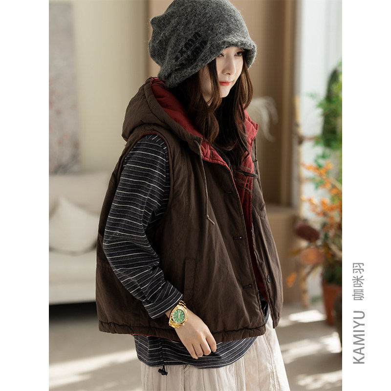 咖咪羽全棉马甲女秋冬新款文艺休闲连帽女士百搭通勤坎肩女装马夹