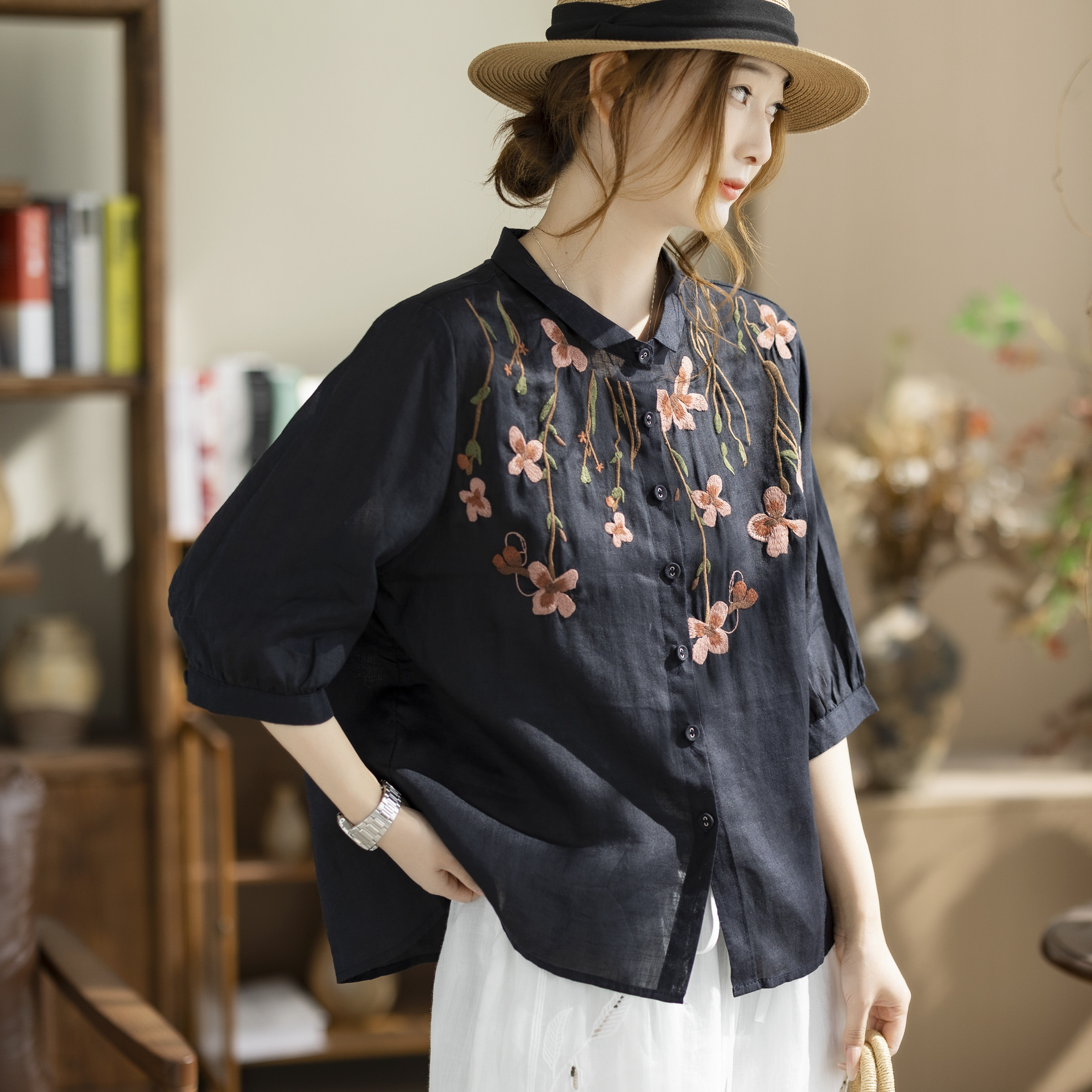 咖咪羽100%苎麻夏季复古刺绣衬衫女宽松七分袖翻领开衫文艺风上衣