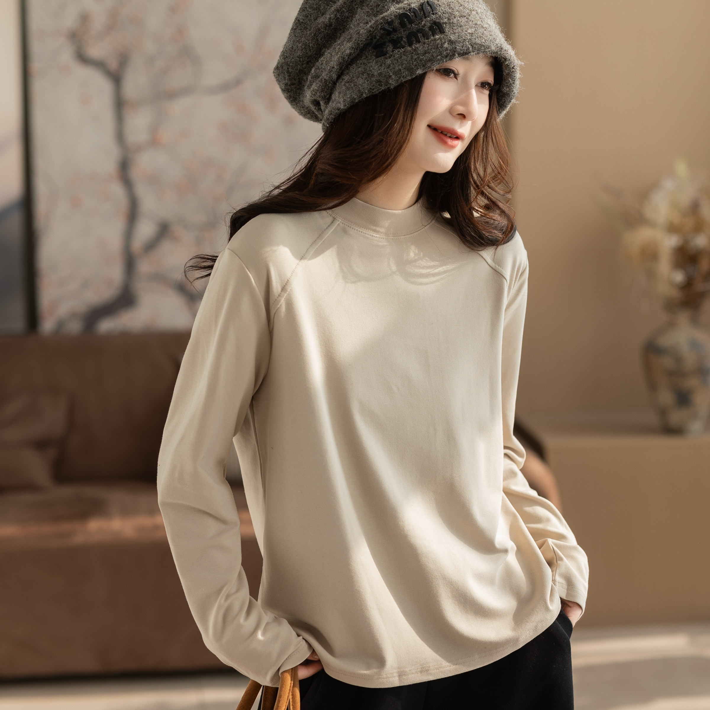 咖咪羽全棉打底衫女秋冬新款文艺休闲圆领亲肤透气宽松纯色女装