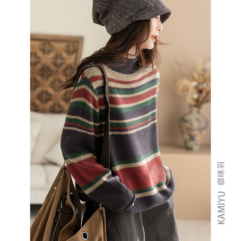 咖咪羽毛衣女秋冬新款时尚流行半高领休闲条纹棉线女装上衣内搭厚