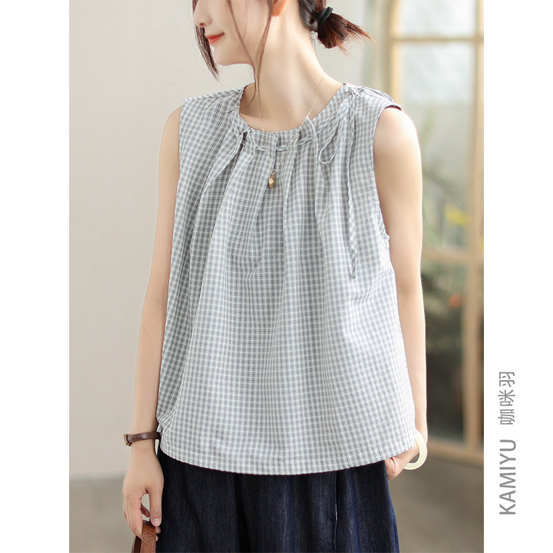 咖咪羽格子背心女2025新款夏季棉麻文艺原创复古宽松拼接筒裙上衣,女装/女士精品,背心吊带,淘宝优惠券,粉丝福利购,淘宝优惠卷