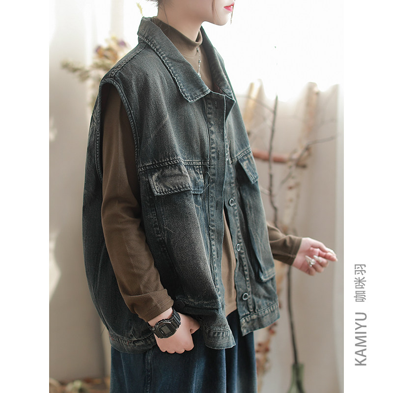 咖咪羽 高品质女款上衣 时尚有型工装文艺复古时髦夹棉牛仔马甲女