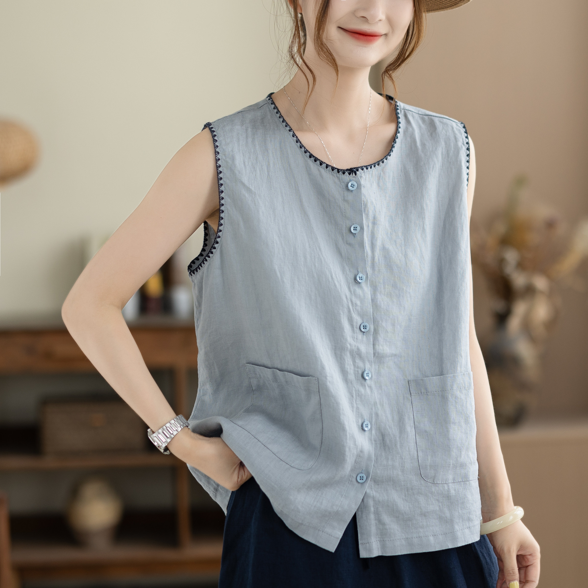 咖咪羽100%亚麻复古撞色刺绣边马甲女宽松百搭显瘦外搭背心女装