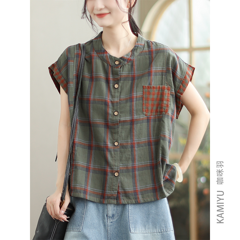 咖咪羽格子衬衫短袖女红色简约百搭复古气质显瘦女装上衣小衫女