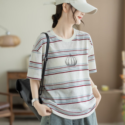 咖咪羽2026夏季韩系宽松复古条纹短袖女百搭小众休闲撞色女士上衣