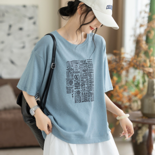 咖咪羽雪花棉夏季新款印花短袖圆领复古休闲百搭上衣T恤女
