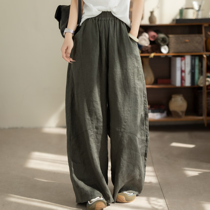 咖咪羽100%亚麻裤子女慵懒夏季新款女士宽松好看休闲直筒女装长裤