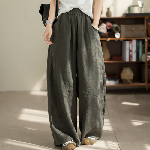 咖咪羽100%亚麻裤子女慵懒夏季新款女士宽松好看休闲直筒女装长裤