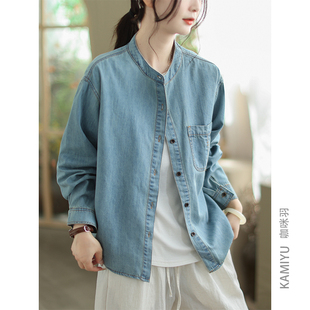 咖咪羽简约大方亲肤织棉水洗牛仔圆领长袖通勤薄外套衬衫宽松女