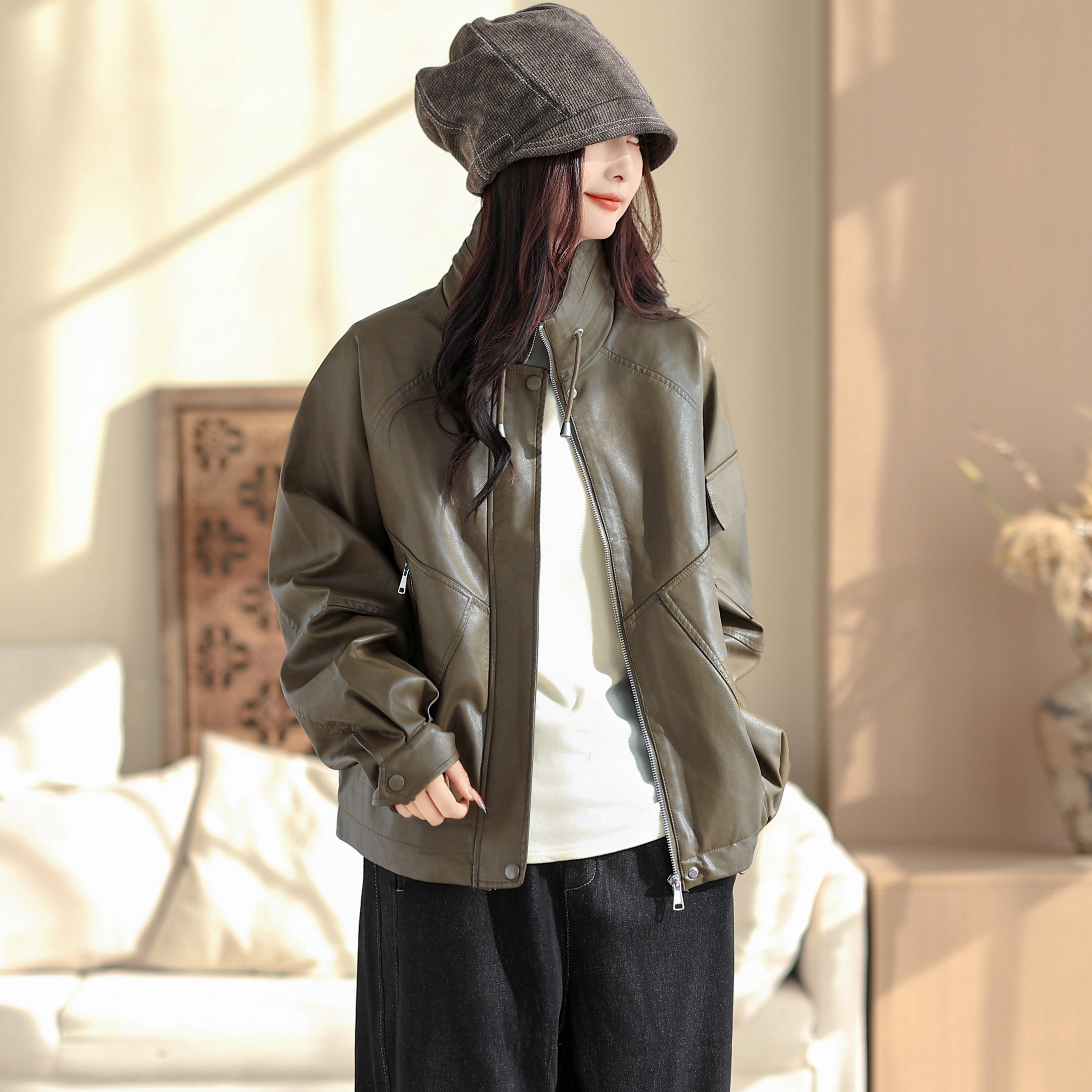 咖咪羽皮衣女秋冬新款时髦洋气宽松拼接百搭简约时尚女装上衣外套