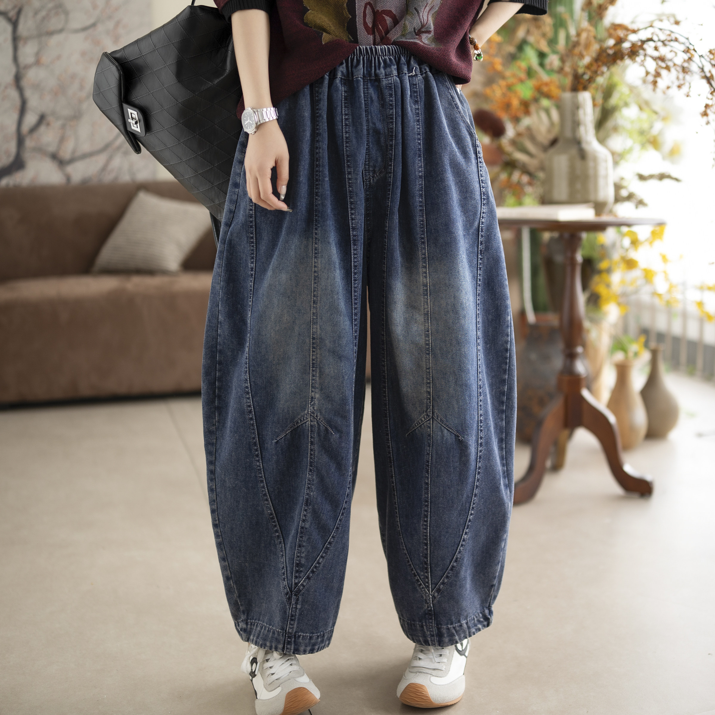 咖咪羽牛仔裤女春秋新款女士全棉宽松拼接深蓝洋气阔腿女装裤子 - 咖咪羽文艺休闲女装出品