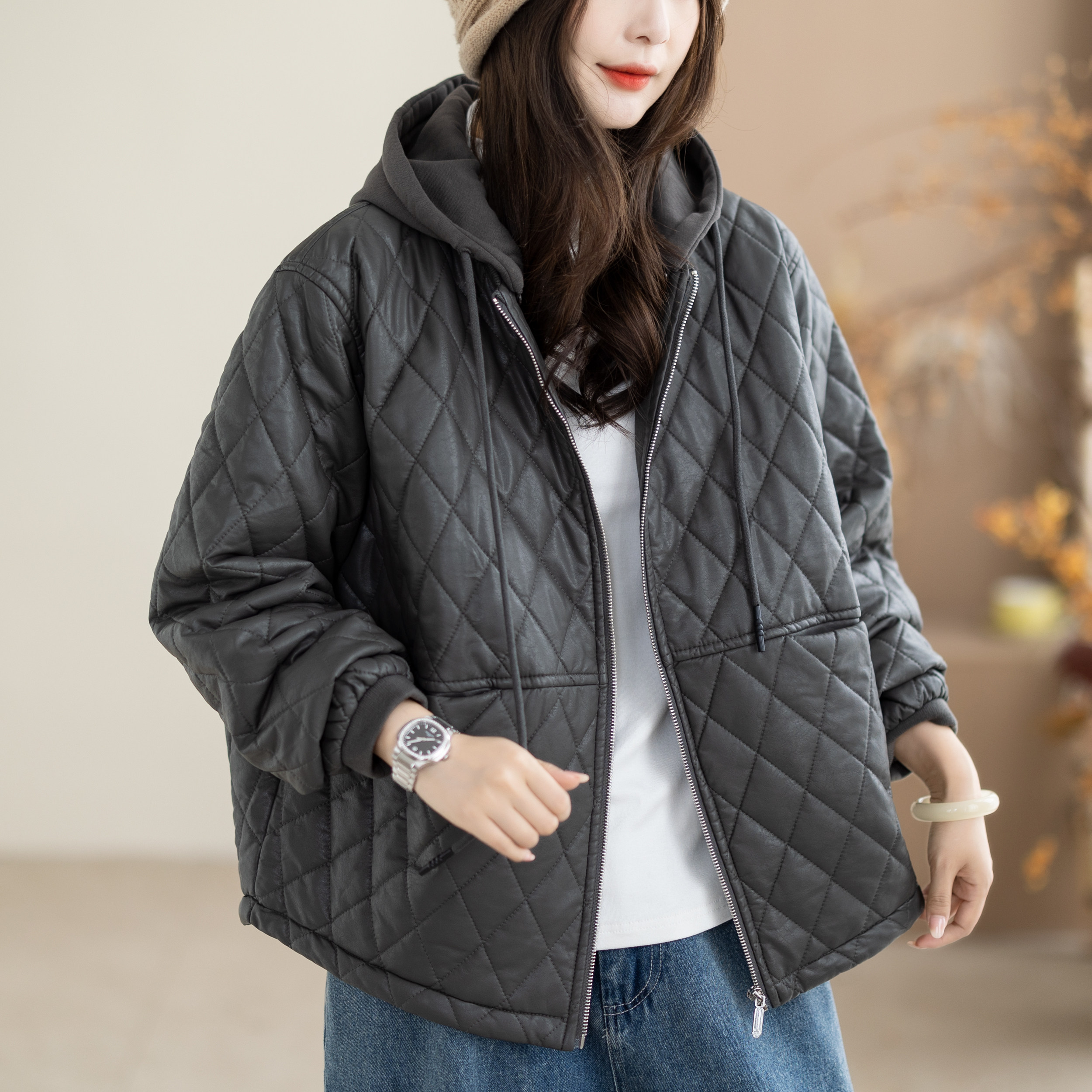 咖咪羽皮夹克女秋冬新款帽子女士皮棉服文艺复古流行时尚女装外套
