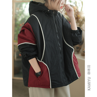 2024秋冬新款工装冲锋衣棉服女休闲撞色拼接时尚夹棉连帽女款棉衣