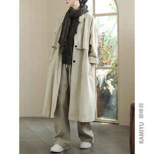 咖咪羽风衣女秋装新款女式中长款纯色宽松拼接休闲通勤女装上衣棉