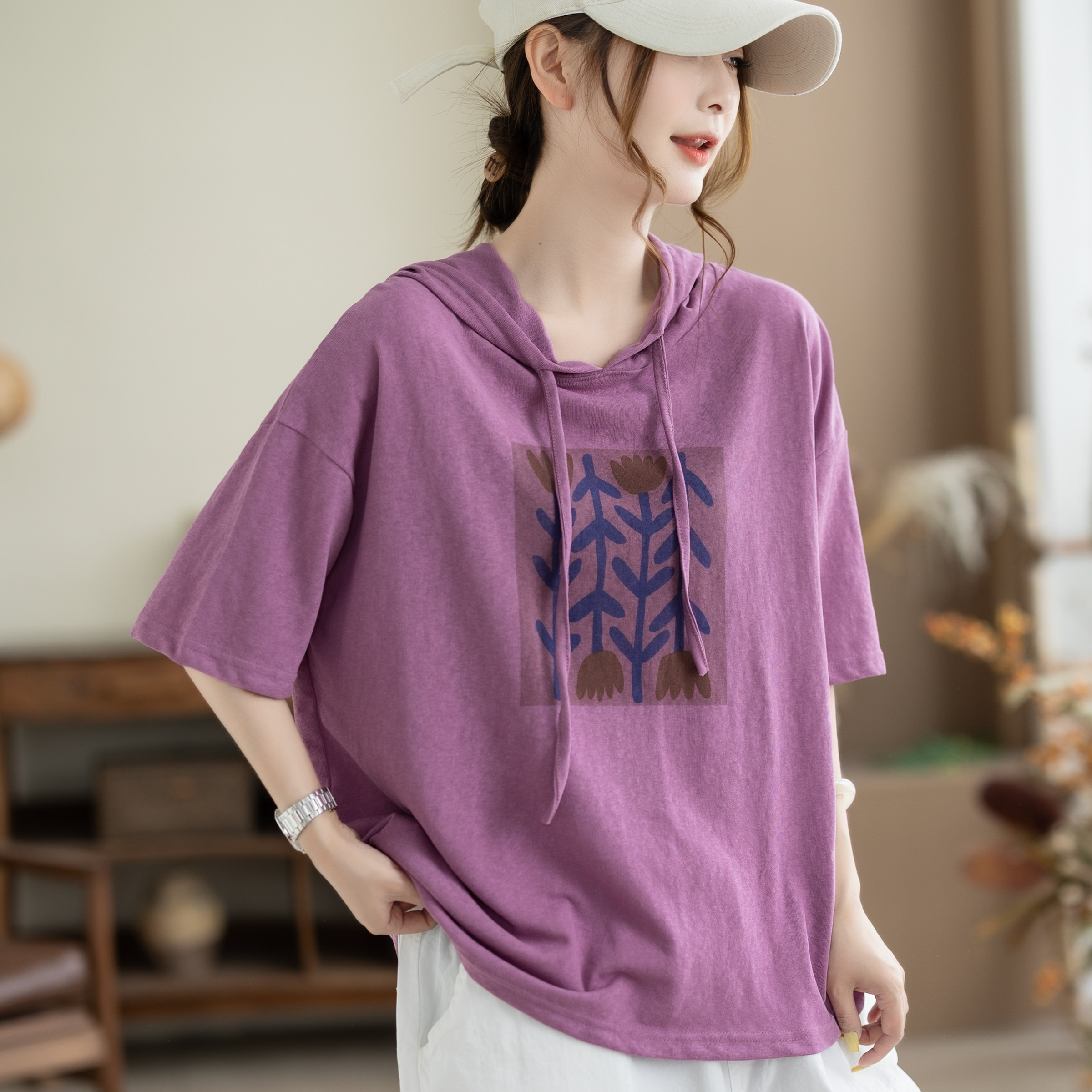 咖咪羽短袖亚麻雪花棉连帽夏季新款宽松休闲印花小众上衣女装T恤